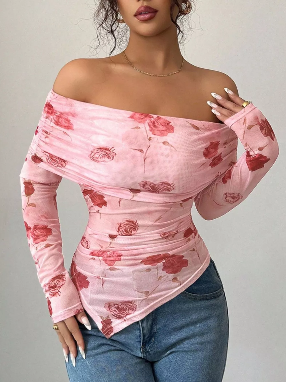 Floral Print Off-Shoulder Mesh Top, image 5