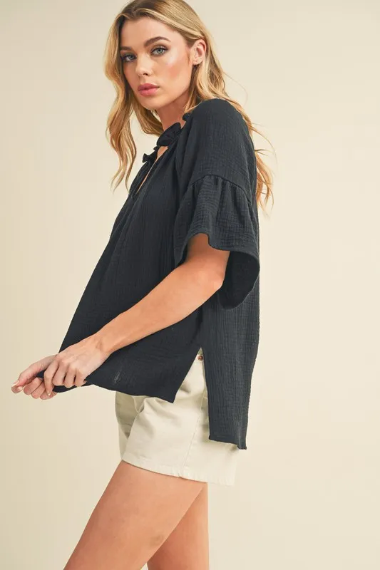Side Slit Notched Ruffled Half Sleeve Blouse, image 4