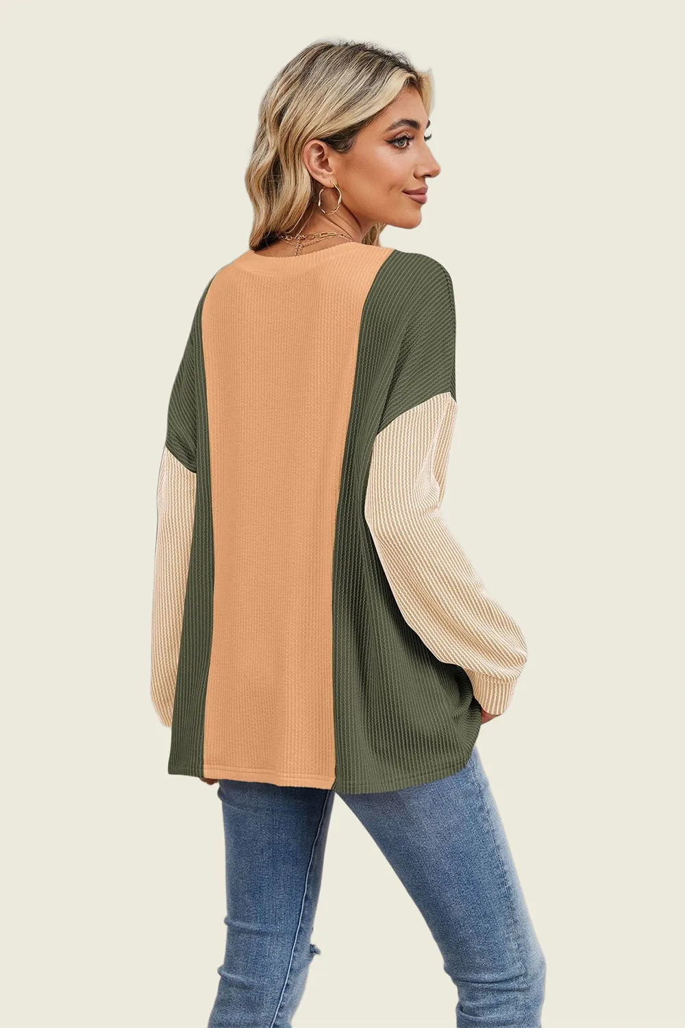 Texture Contrast Round Neck Long Sleeve T-Shirt, image 12