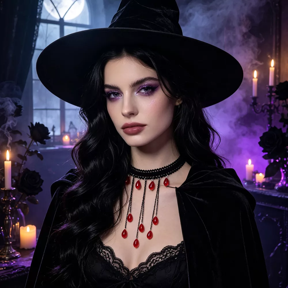 Gothic Lace Choker Necklace with Teardrop Dangle Charms, image 11