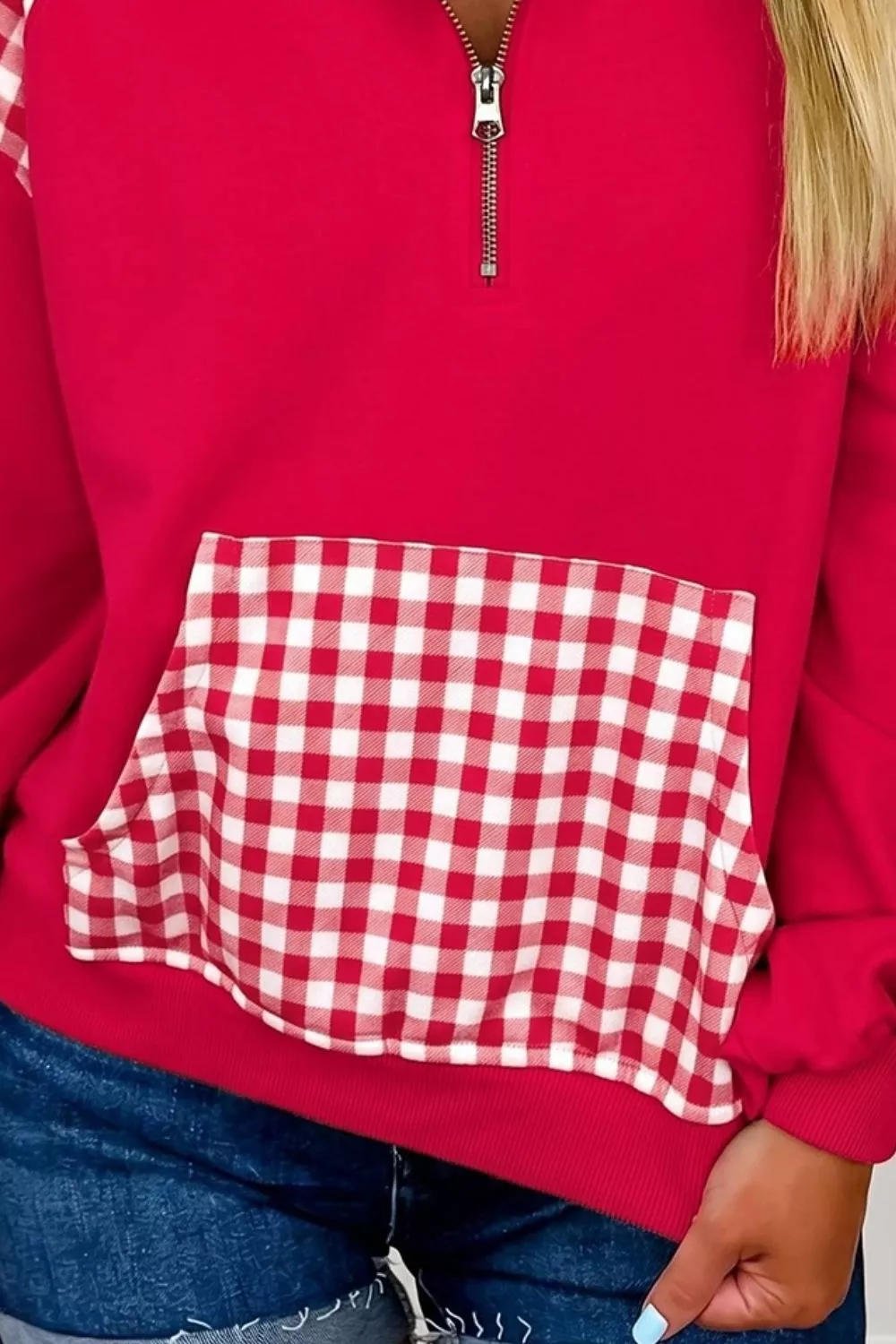 Plaid Kangaroo Pocket Quarter-Zip Sweatshirt, image 3