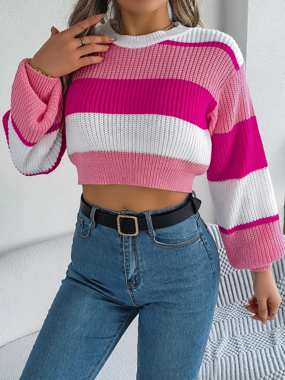 Color Block Round Neck Cropped Sweater, image 16
