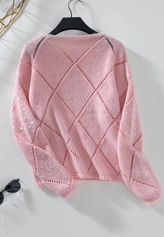 Openwork Sequin Round Neck Long Sleeve Sweater, image 6