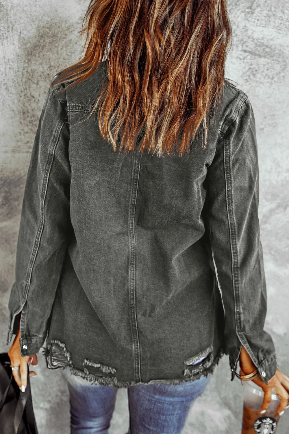 Distressed Raw Hem Snap Down Denim Jacket, image 9