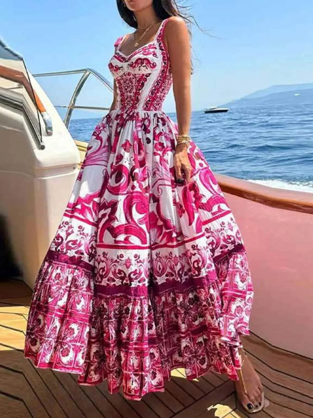 Smocked Printed Wide Strap Dress, image 13