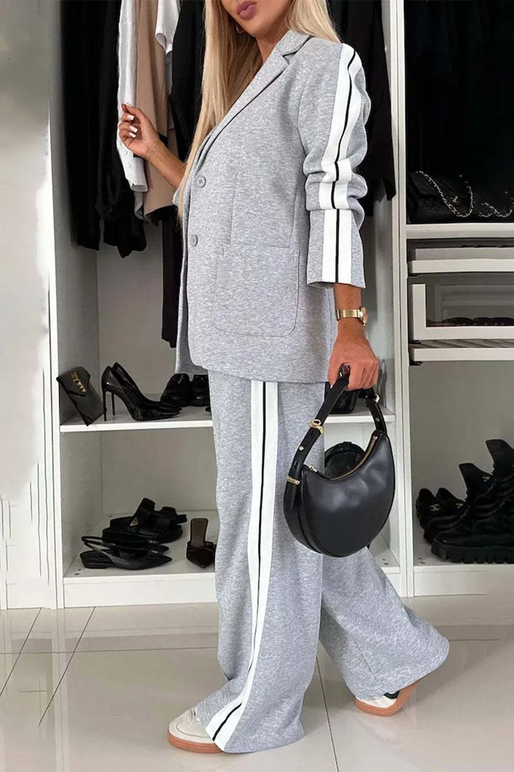 Full Size Contrast Lapel Collar Top and Pants Set, image 21