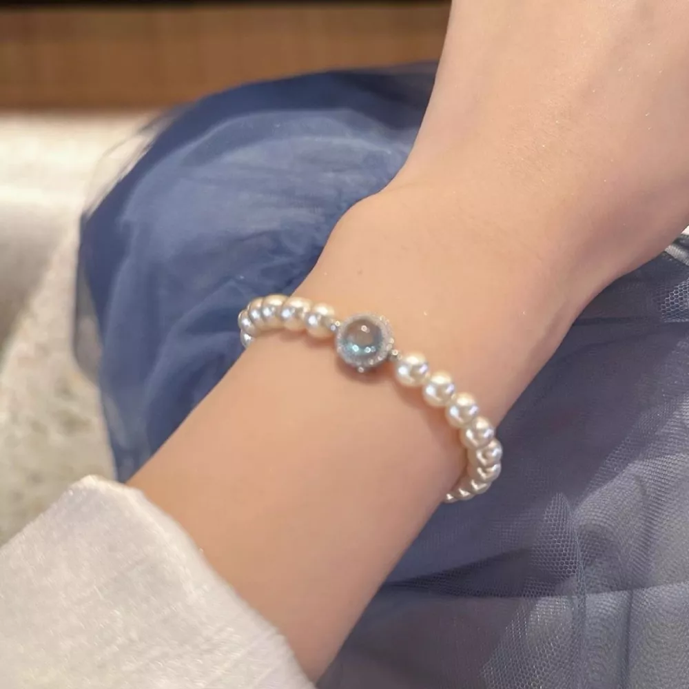 925 Sterling Silver Zircon Bead Pearl Bracelet, image 2