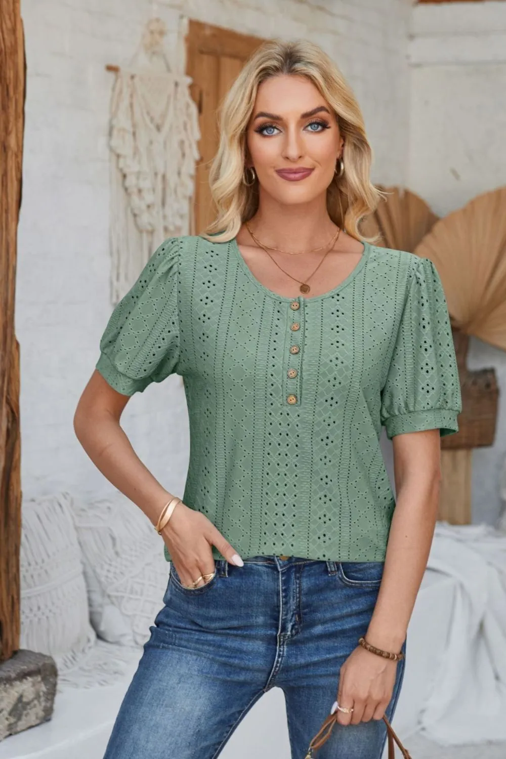 Eyelet Round Neck Short Sleeve Blouse, image 20