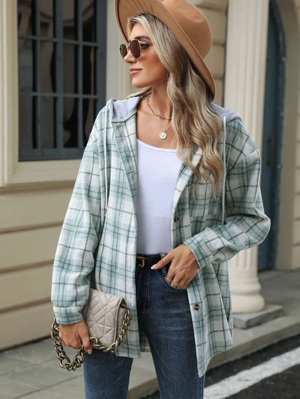 Drawstring Plaid Button Up Hooded Jacket, image 4