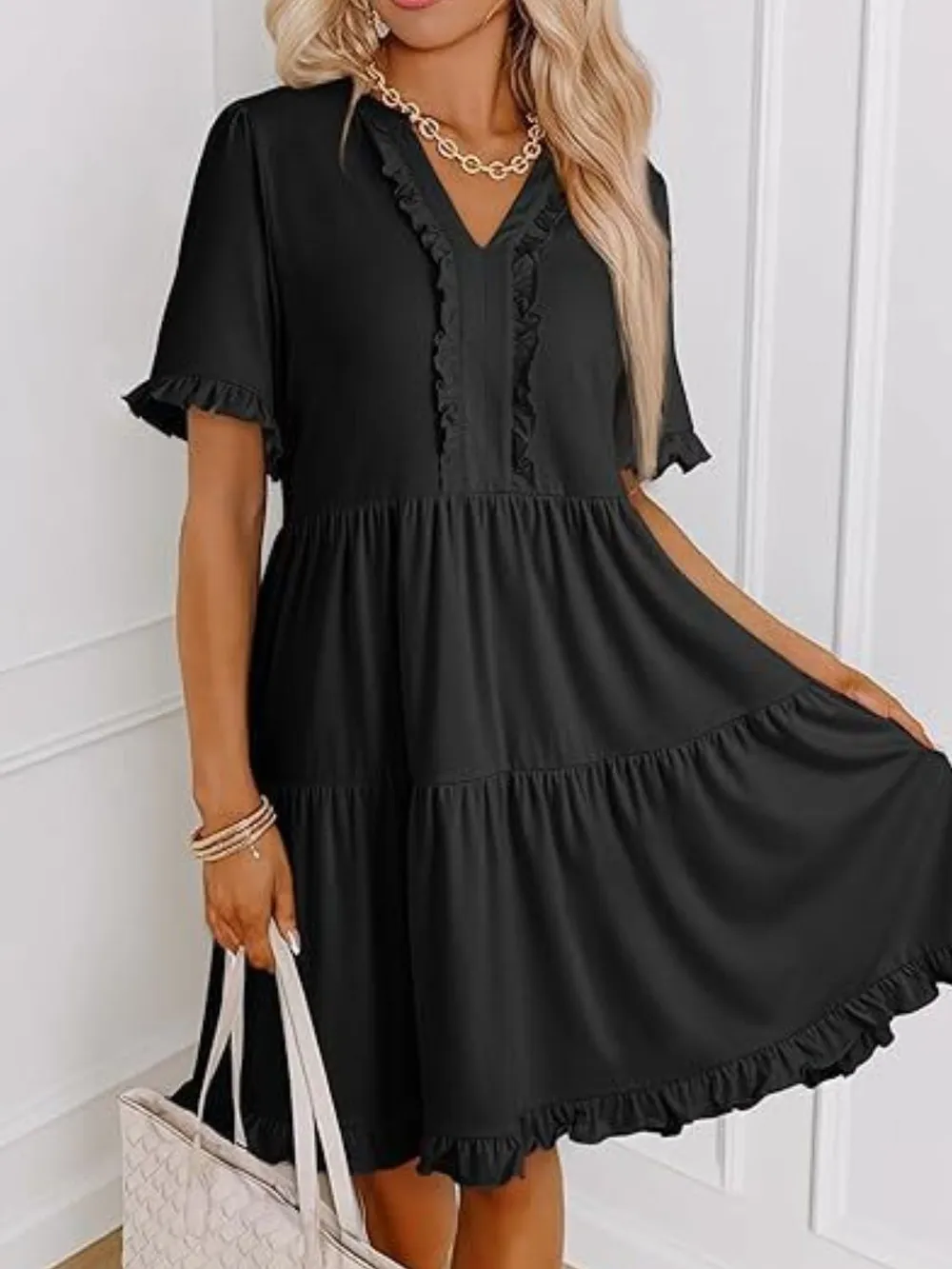 Tiered Notched Short Sleeve Mini Dress, image 18