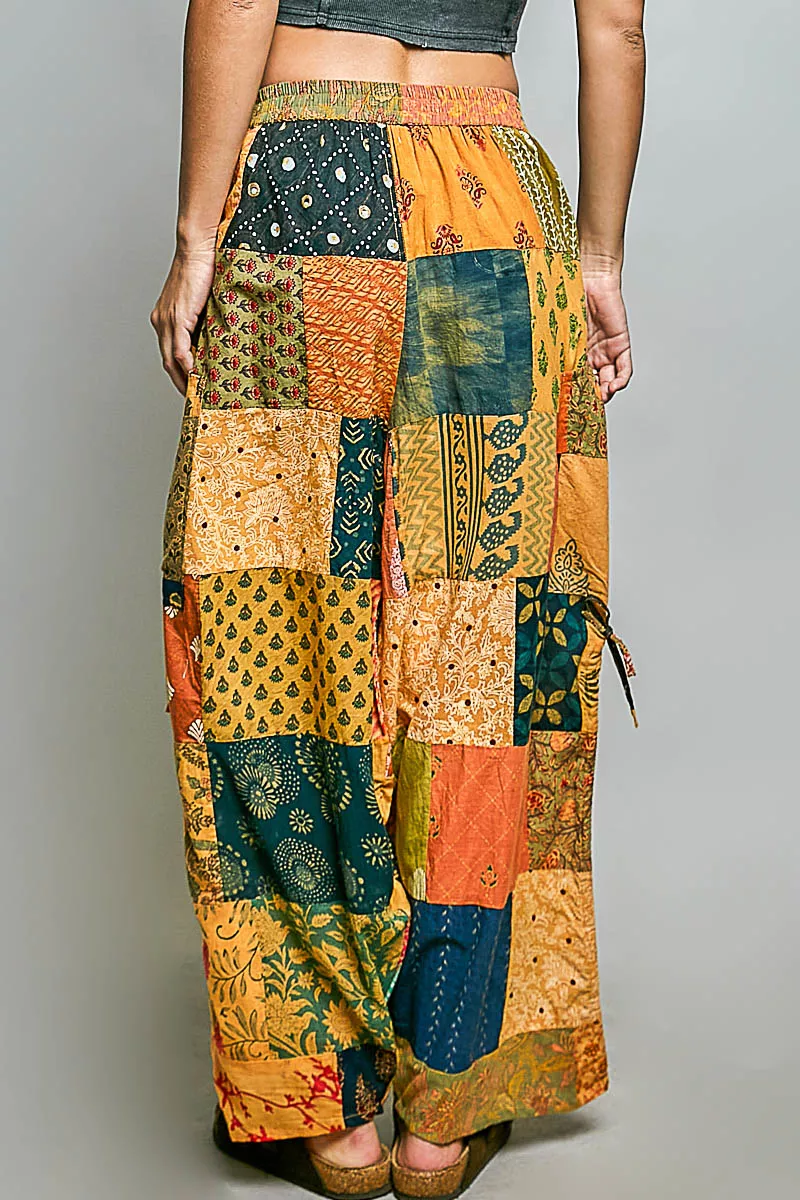Printed Patchwork Wide Leg Pants with Adjustable Side Drawstring, image 3