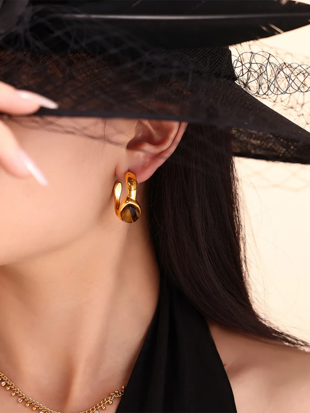 Stainless Steel Tigerite Ring and C-Hoop Earrings Set, image 3