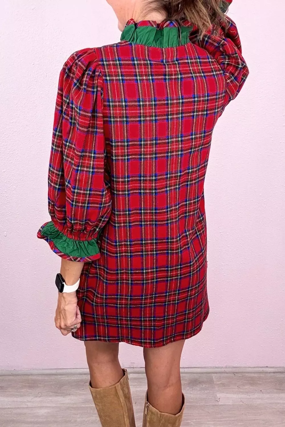 Plaid Ruffle Cuff Button Front Pocket Mini Dress, image 7