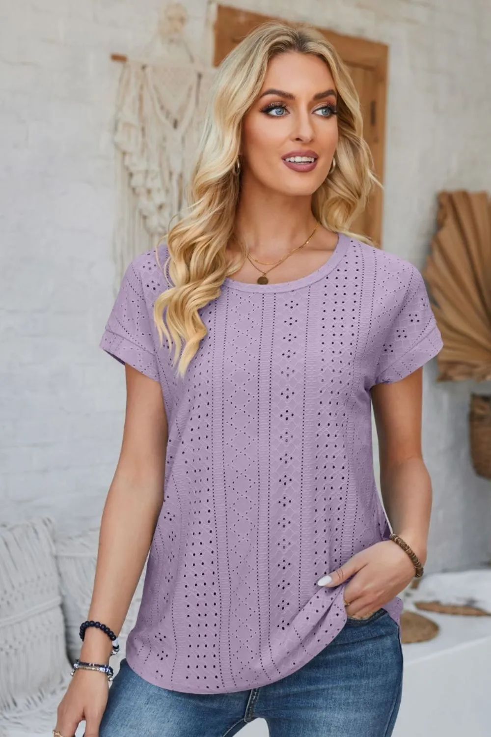 Eyelet Round Neck Rolled Short Sleeve T-Shirt, image 35
