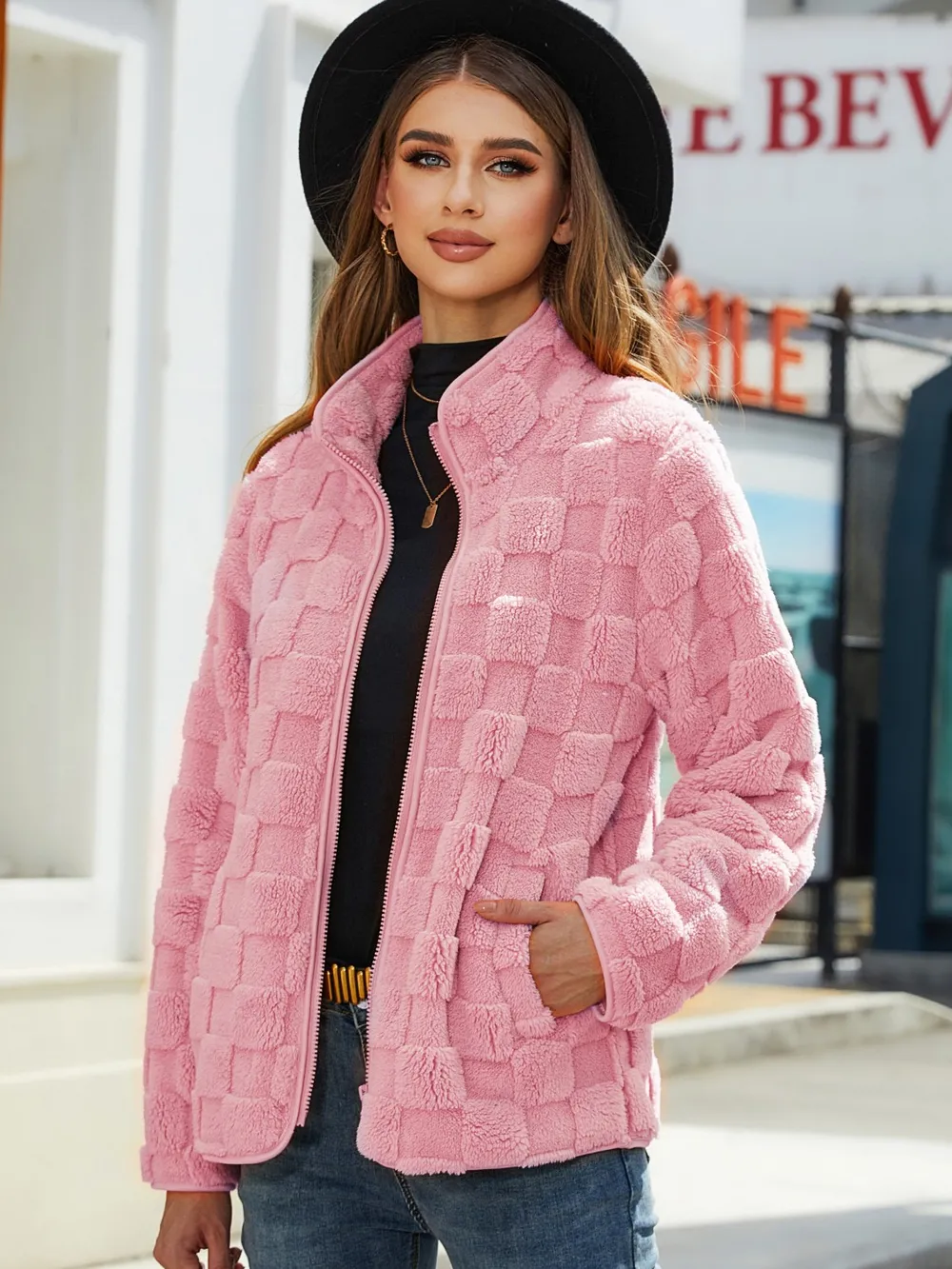 Fuzzy Checkered Zip Up Jacket, image 12
