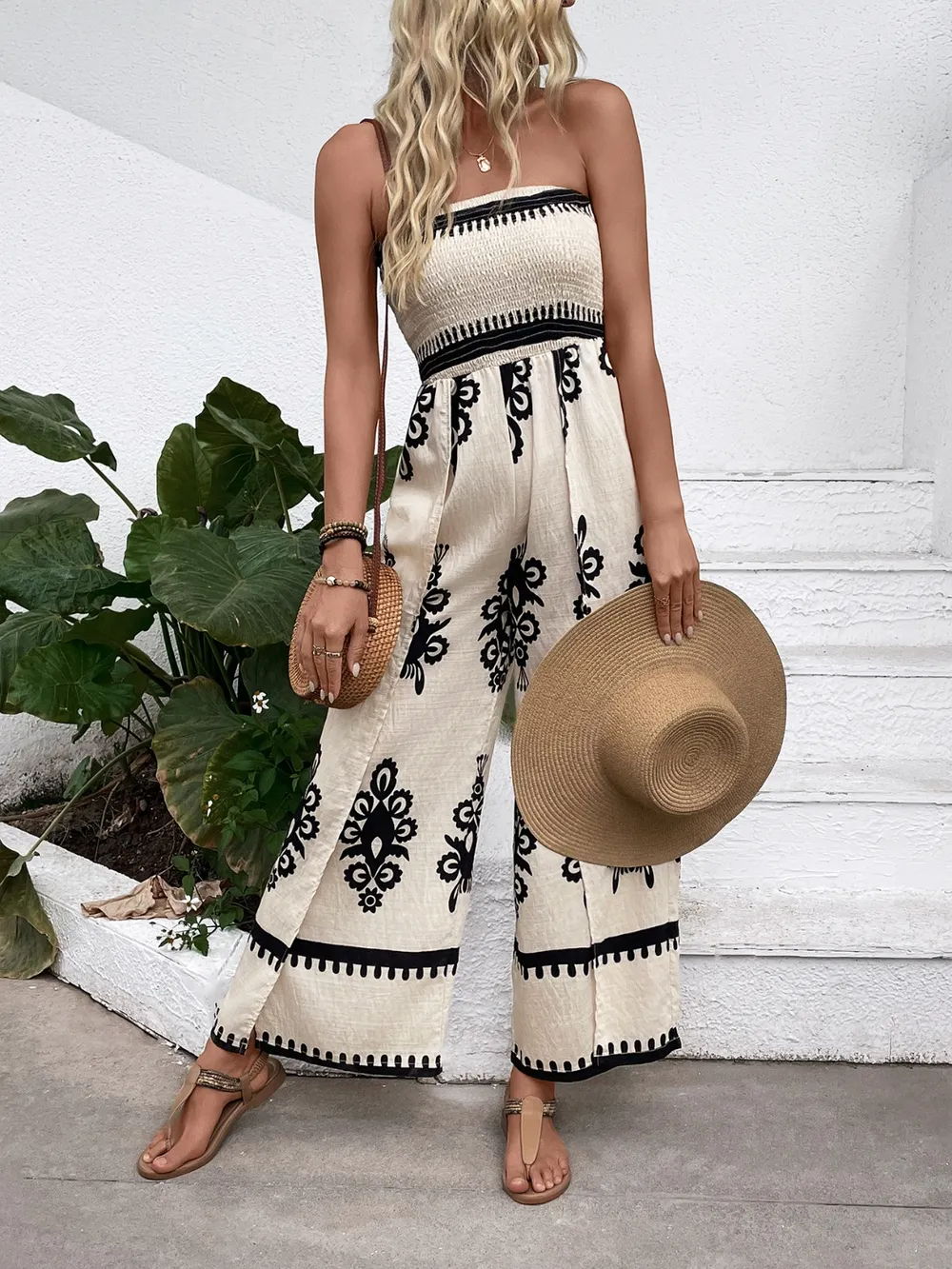 Smocked Printed Wide Leg Jumpsuit, image 5