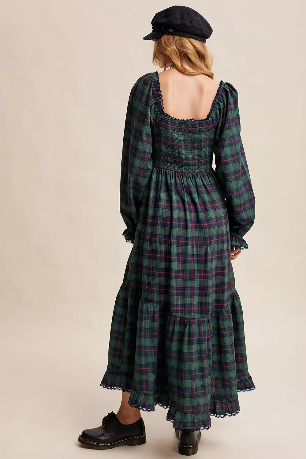 Plaid Long Sleeve Tiered Midi Dress, image 3