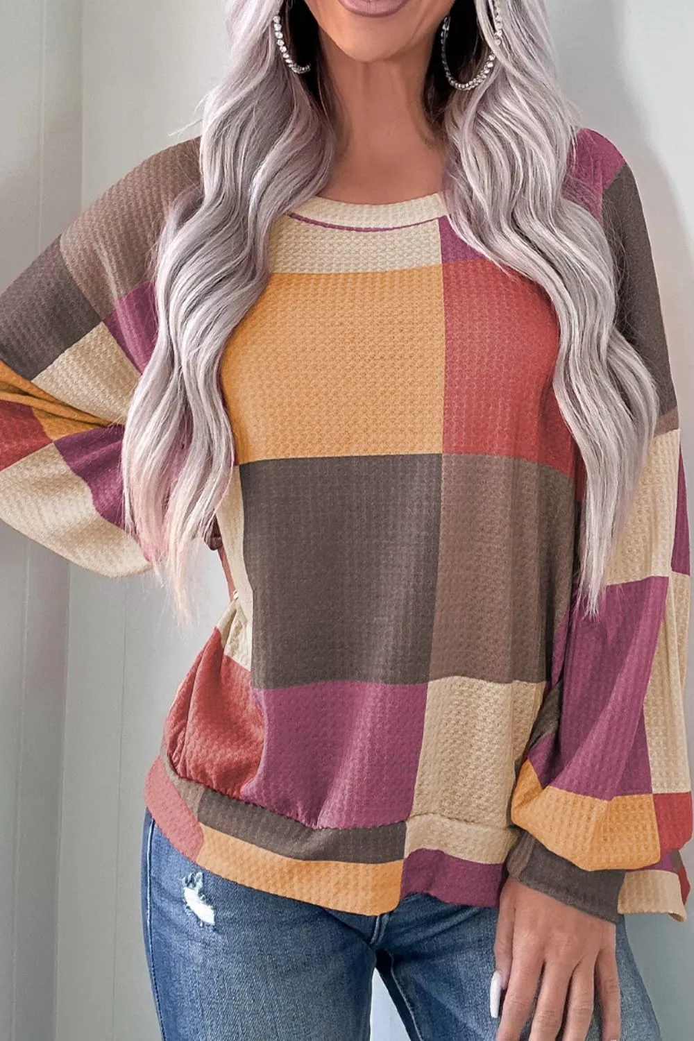 Color Block Round Neck Long Sleeve Top, image 4