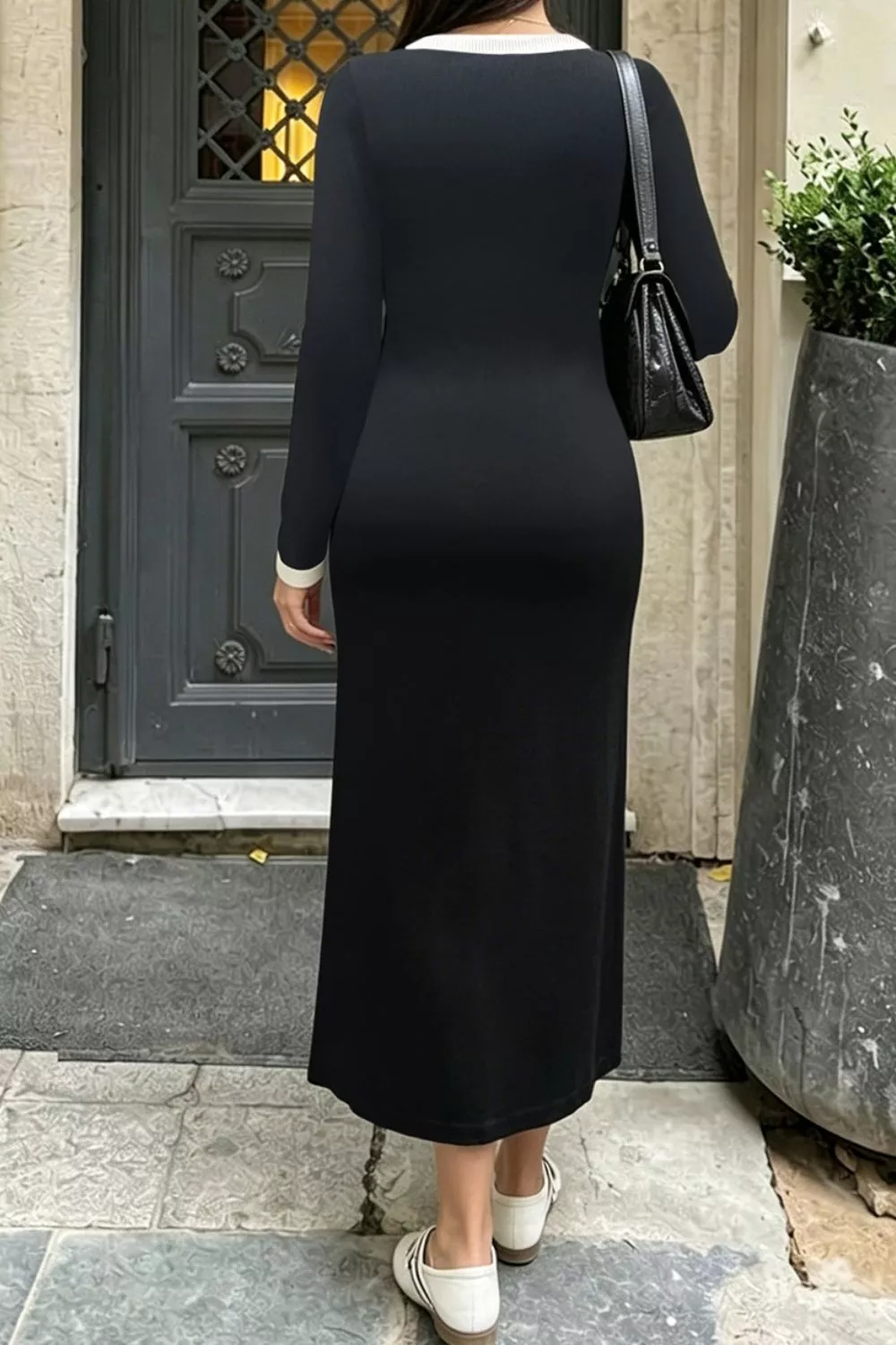 Contrast Trim V-Neck Knit Dress, image 2