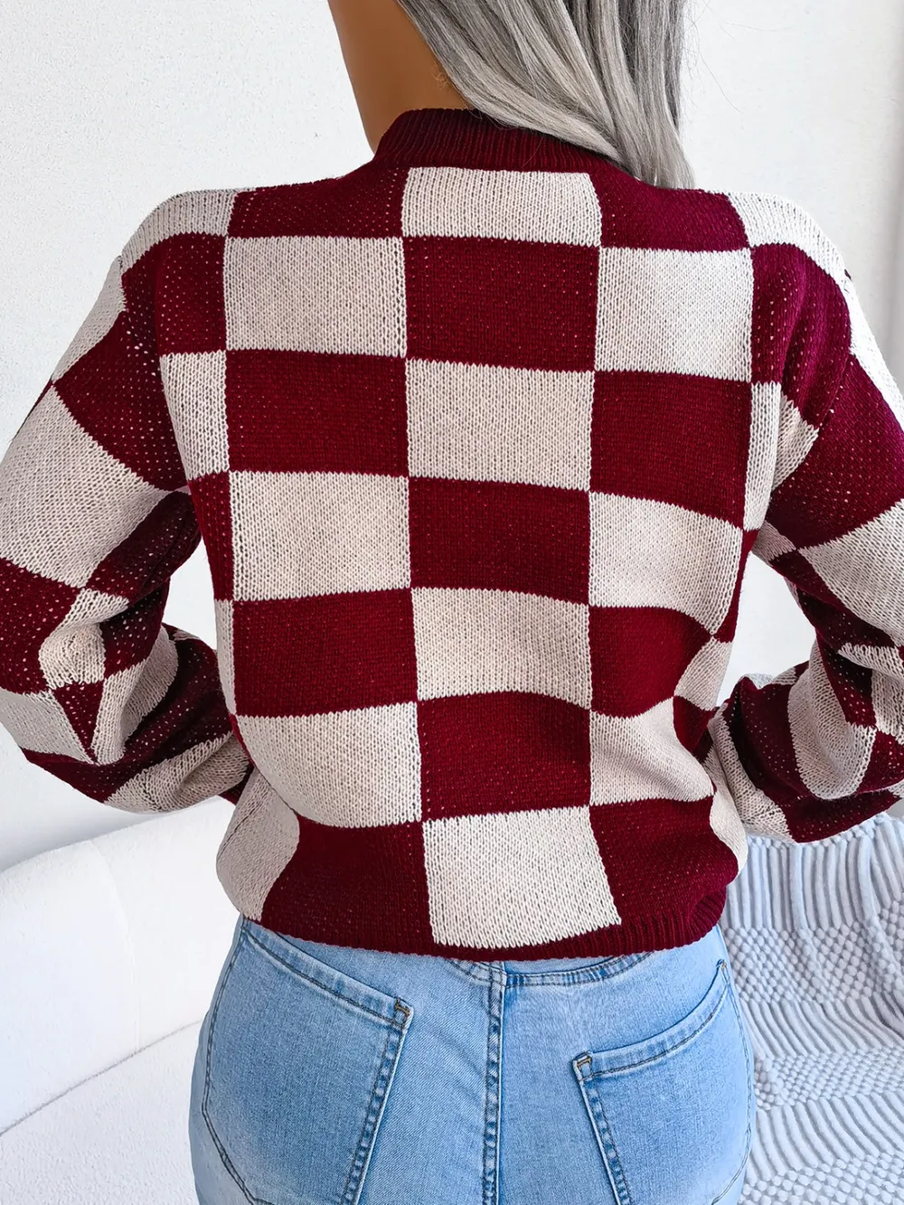 Checkered Mock Neck Long Sleeve Sweater, image 18
