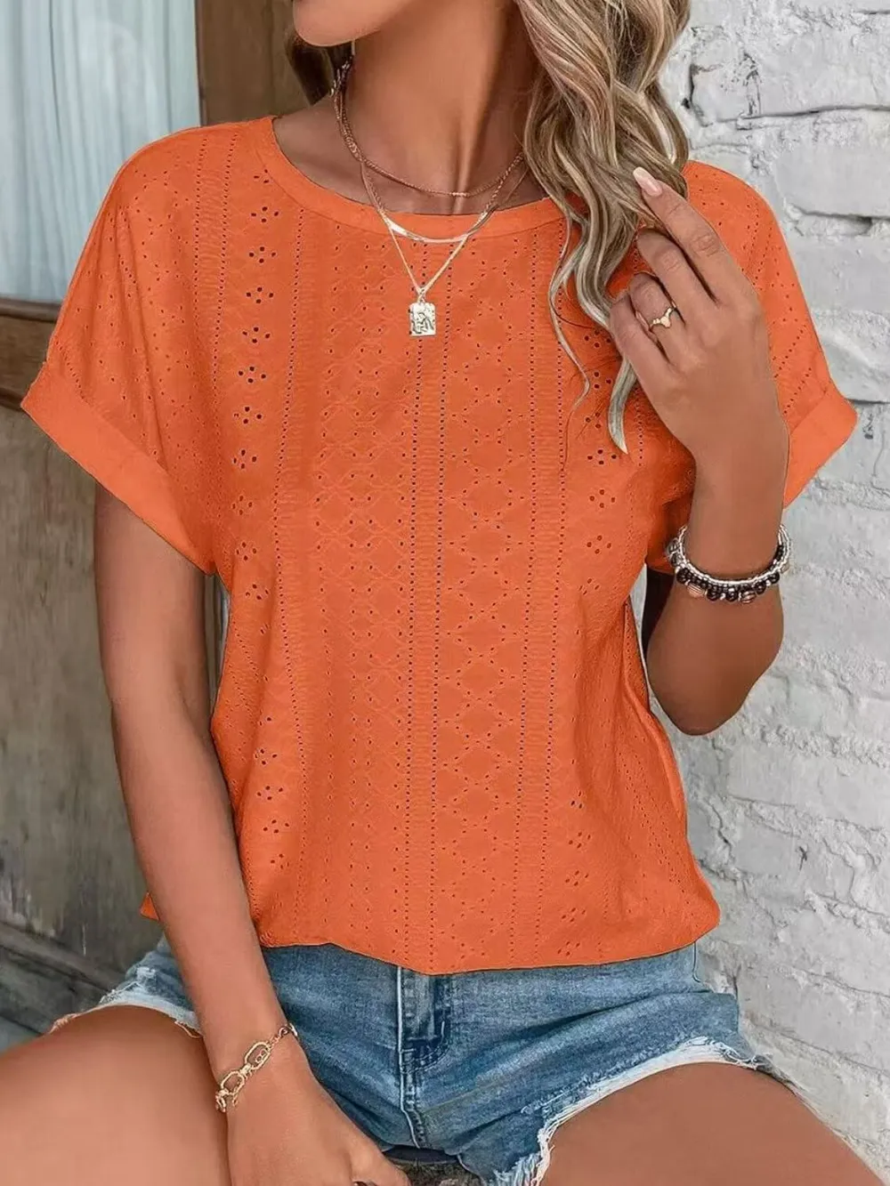 Eyelet Round Neck Short Sleeve Top, image 21