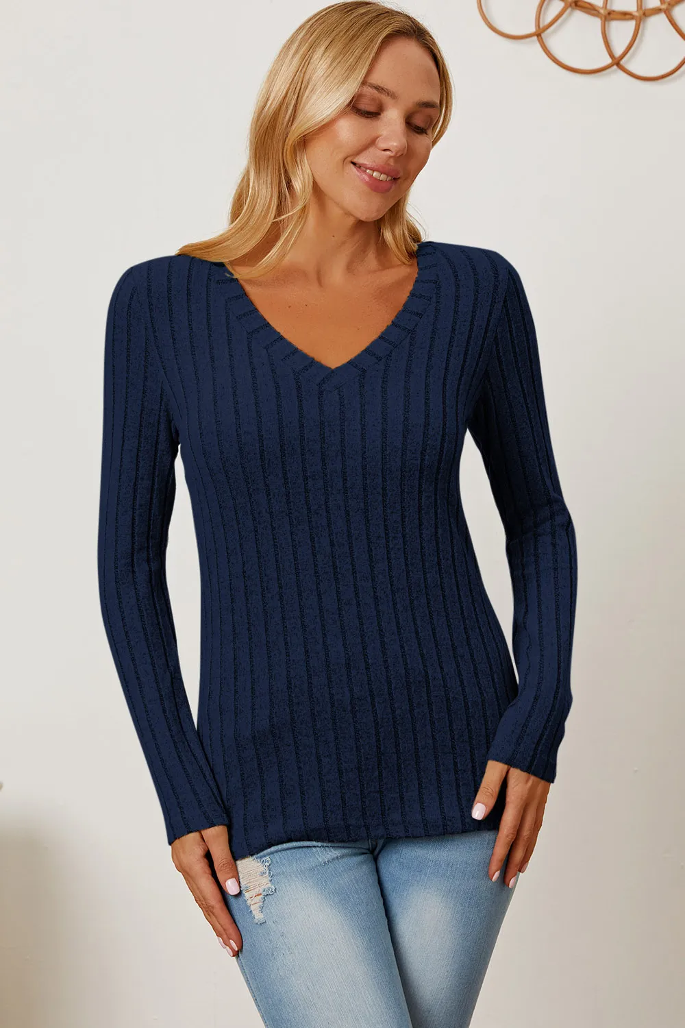 Full Size Ribbed V-Neck Long Sleeve T-Shirt, image 25