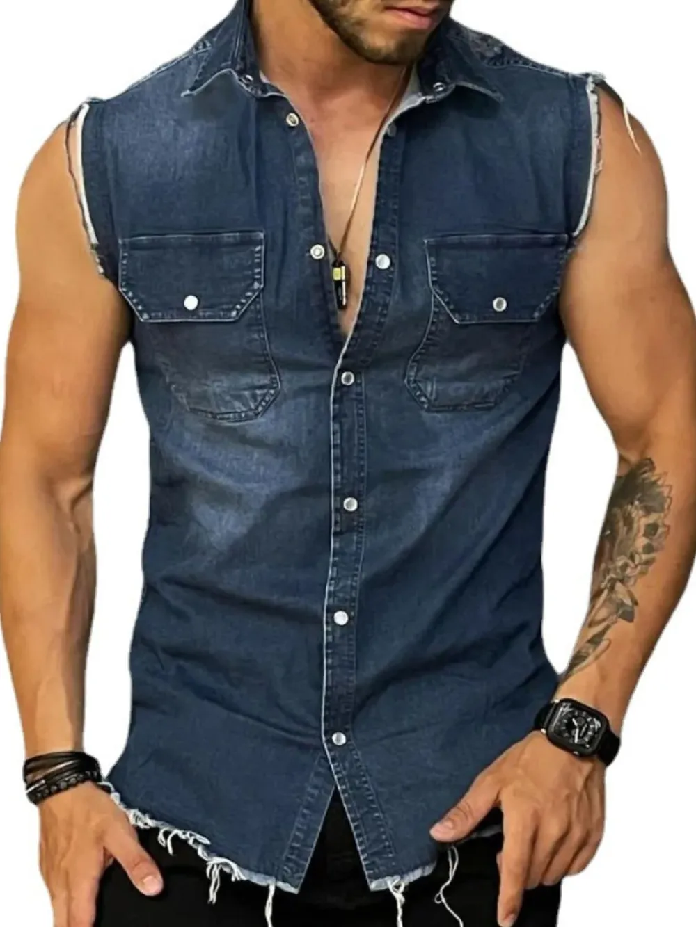 Men's Snap Down Sleeveless Denim Shirt, image 5