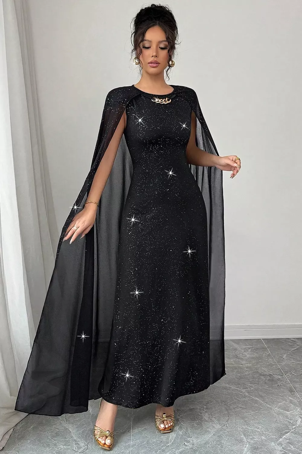 Glitter Cape-Sleeve Maxi Dress, image 5