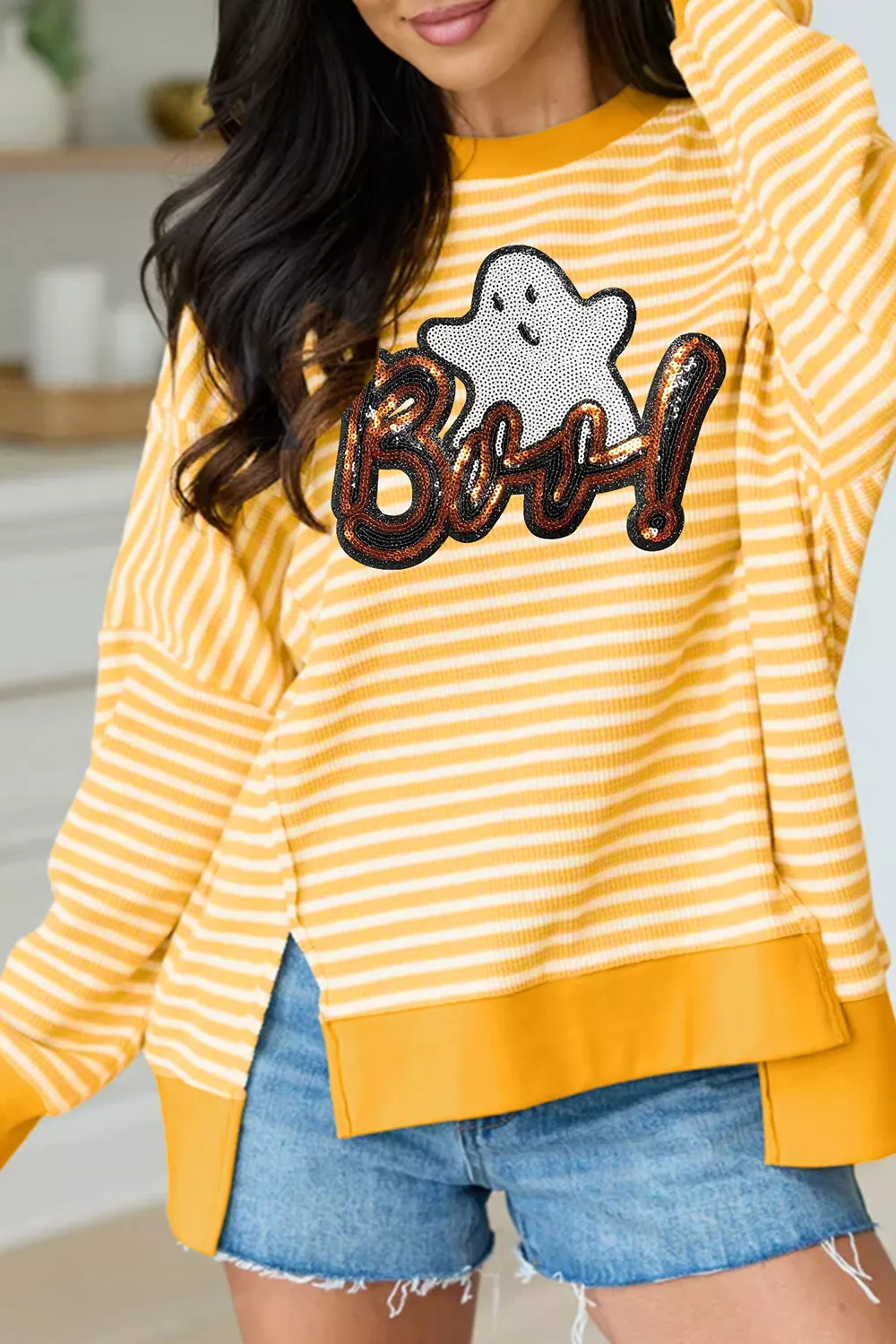 Stripe Boo Sequin Ghost Halloween Split Hem Long Sleeve Top, image 4