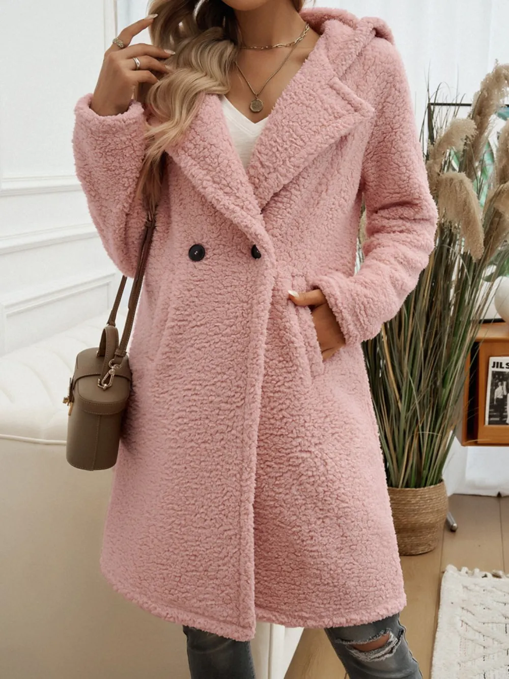 Pocketed Long Sleeve Hooded Teddy Coat, image 12