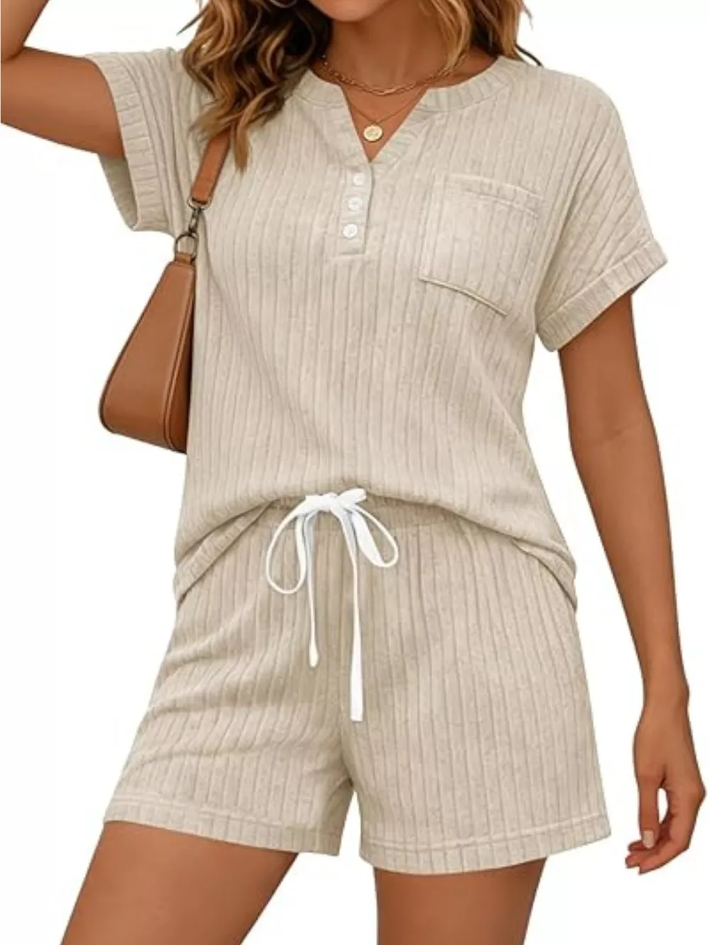Casual Ribbed Knit Tee and Shorts Set