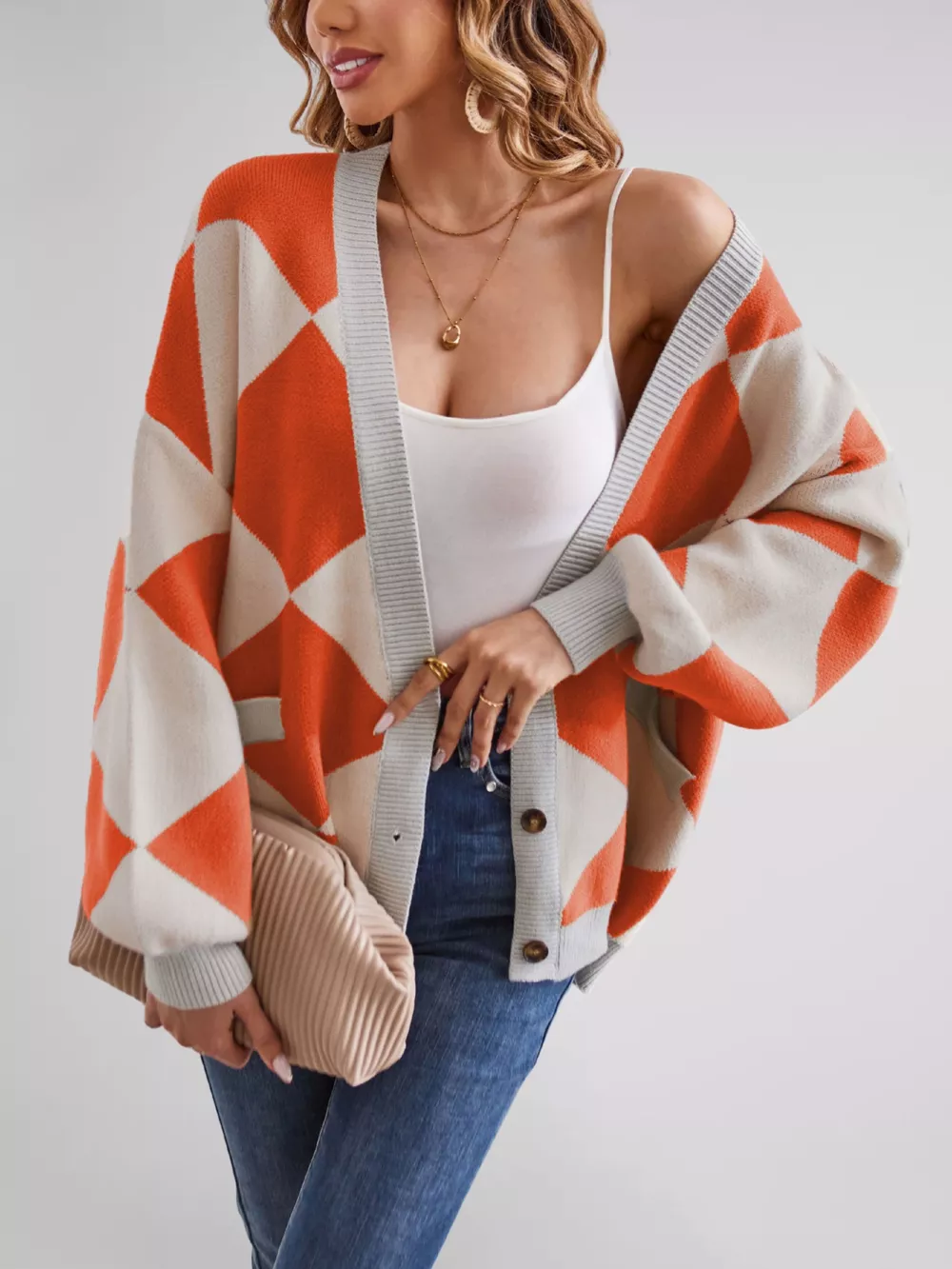 Diamond Pattern Button-Up Knit Cardigan, image 25