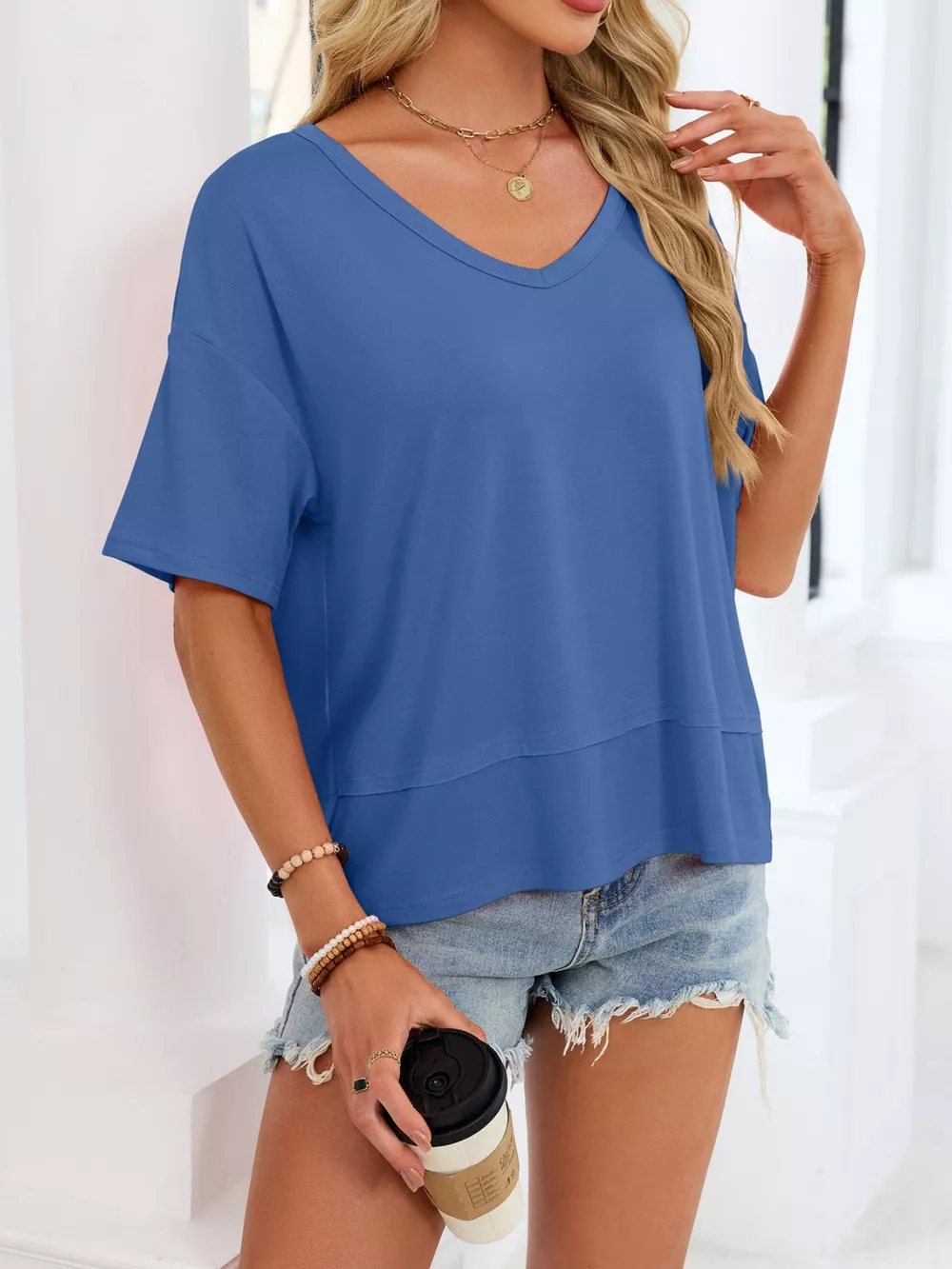 V-Neck Relaxed Fit Solid Color T-Shirt, image 21