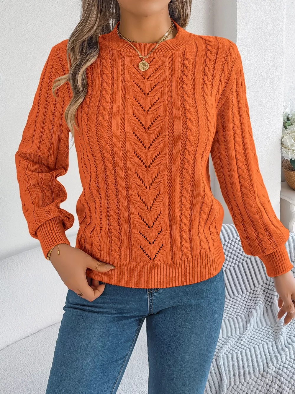 Cable-Knit Round Neck Sweater, image 6