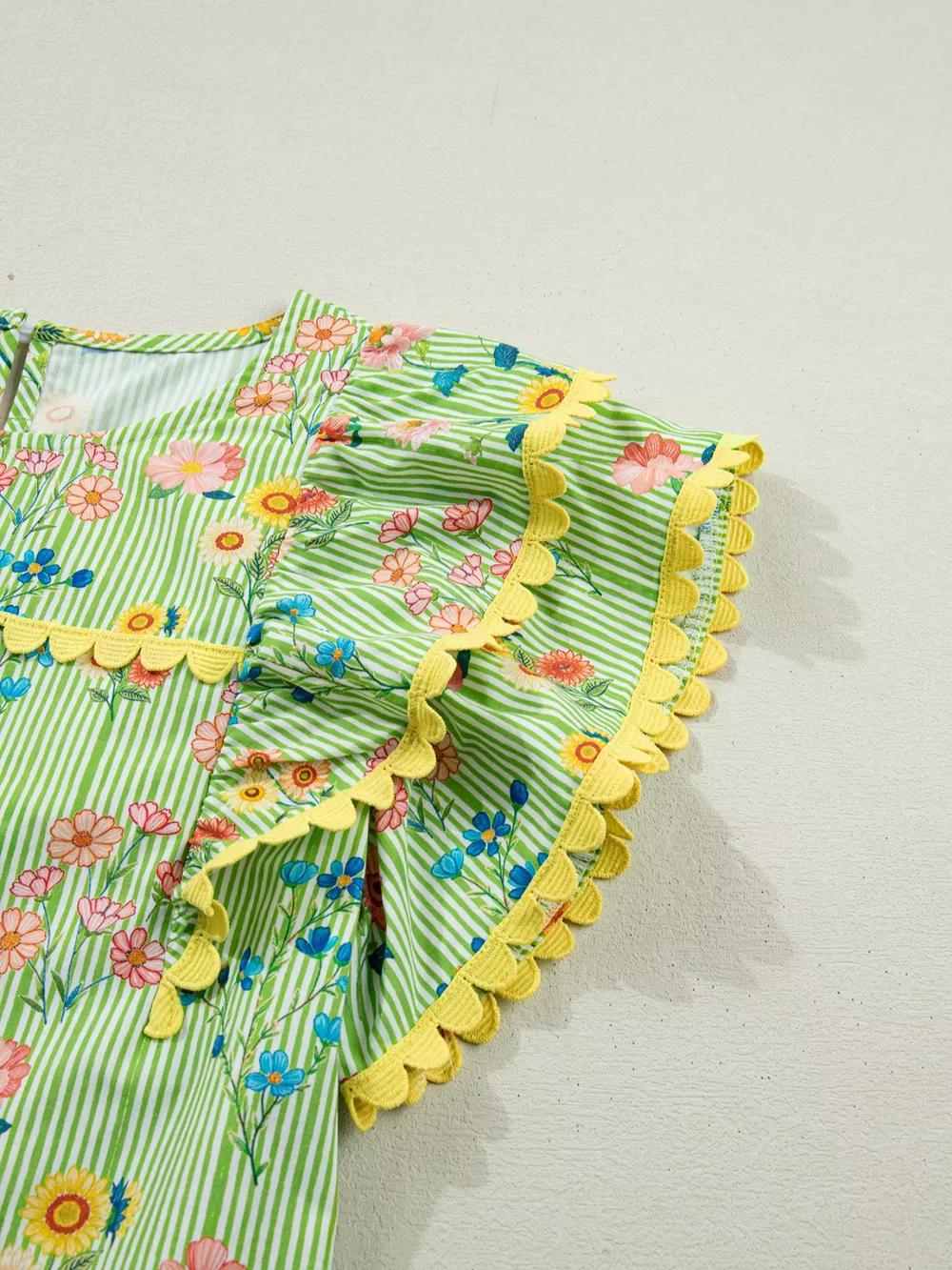 Stripe Floral Printed Scalloped Detail Ruffle Short Sleeve Blouse, image 7