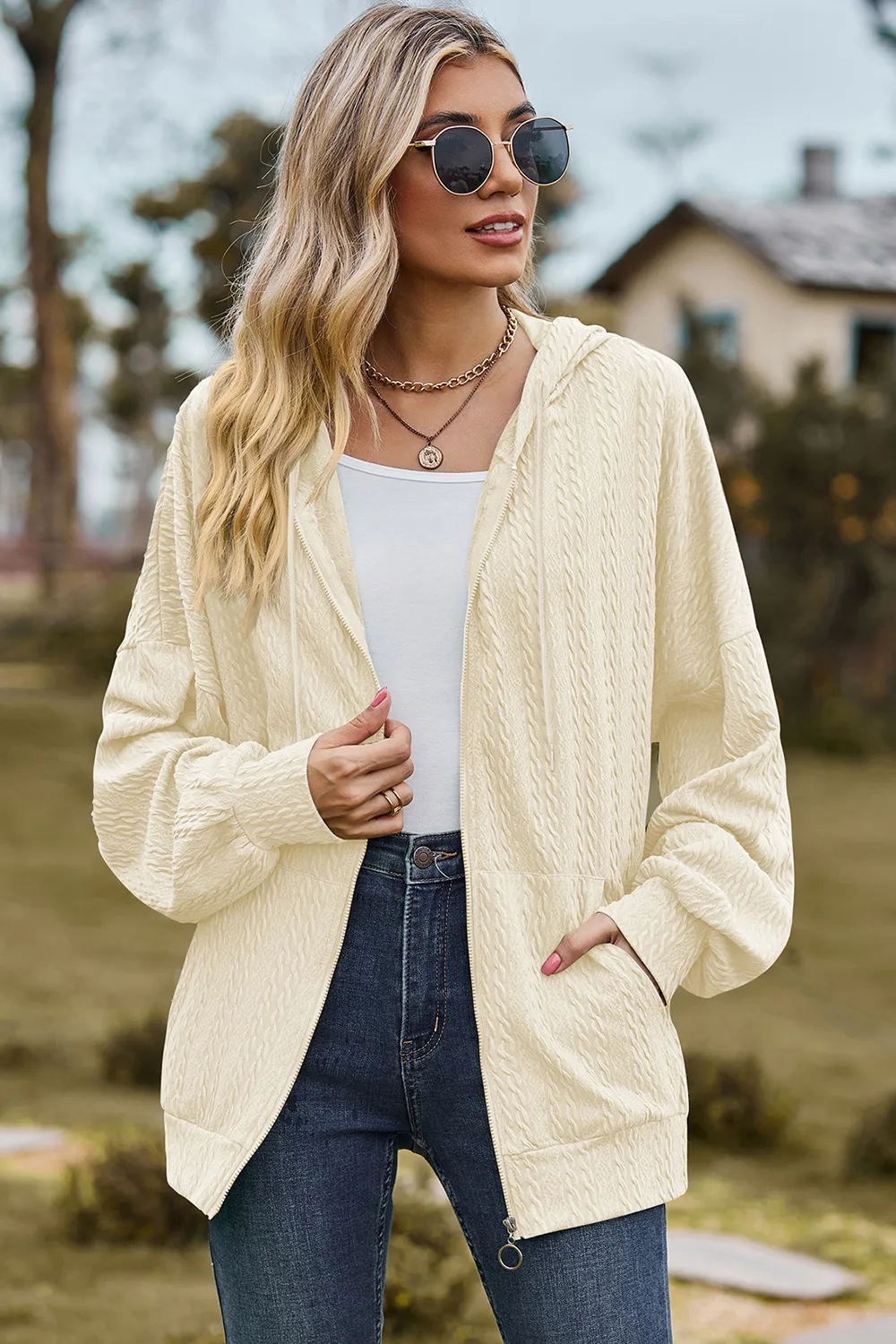 Drawstring Zip Up Dropped Shoulder Hoodie, image 31