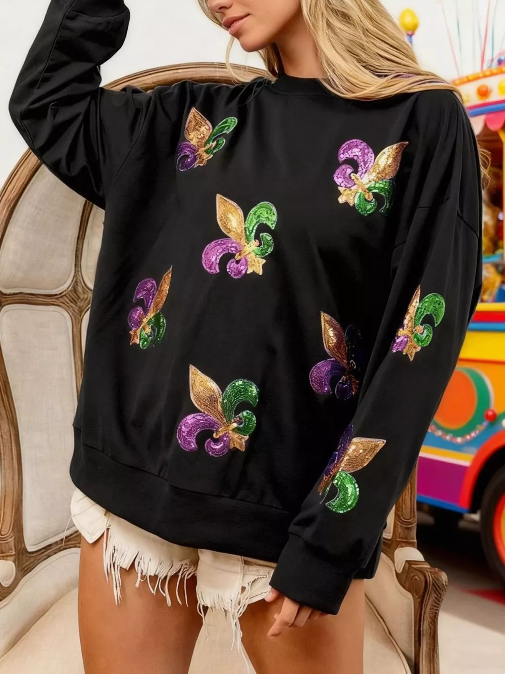Mardi Gras Sequin Crew Neck Sweatshirt, image 5