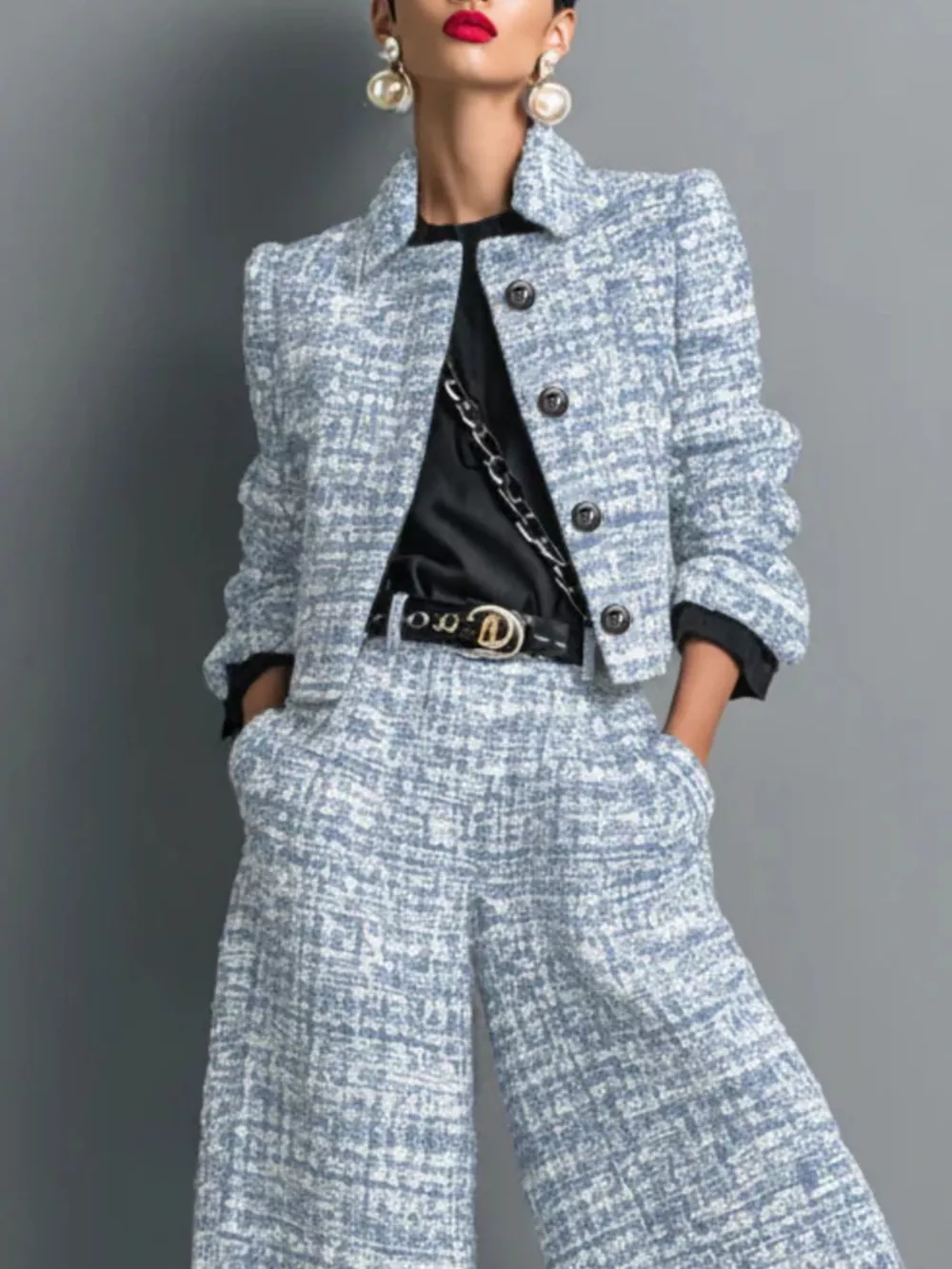 Tweed Cropped Jacket and Wide-Leg Pants Set, image 5