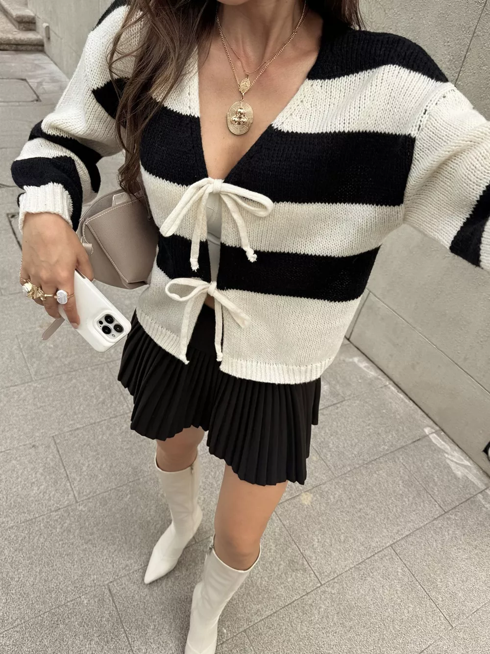 Striped Tie-Front Knit Cardigan, image 4