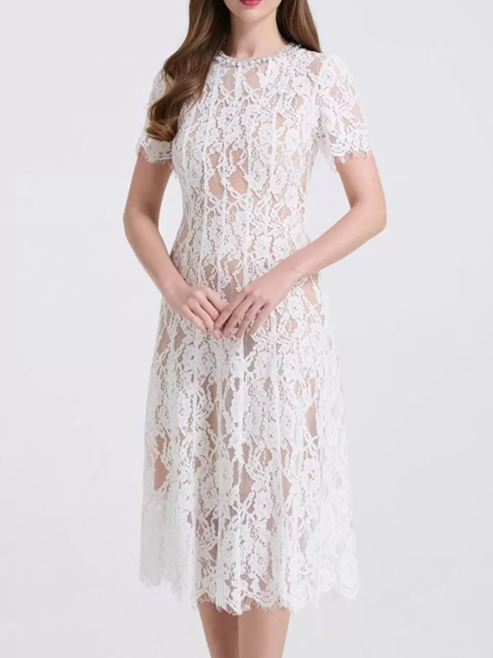 Lace Pearl Neckline Midi Dress, image 19