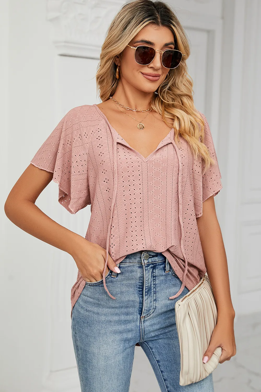 Eyelet Tie Neck Flutter Sleeve Blouse, image 22