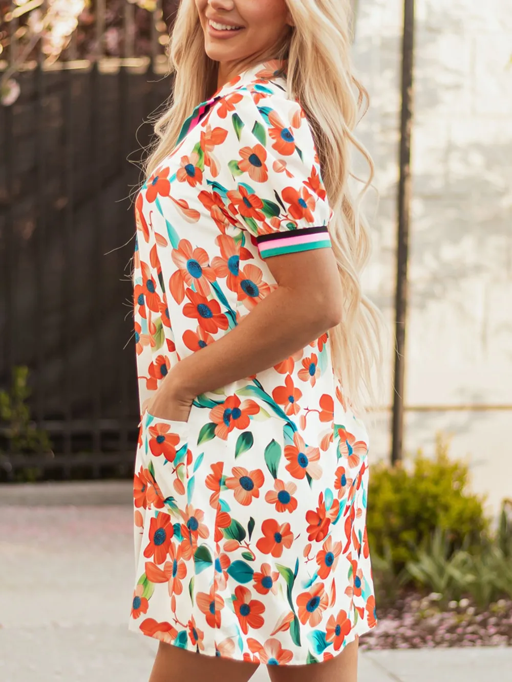 Contrast Trim Floral Split Neck Puff Short Sleeve Tiered Mini Dress, image 7