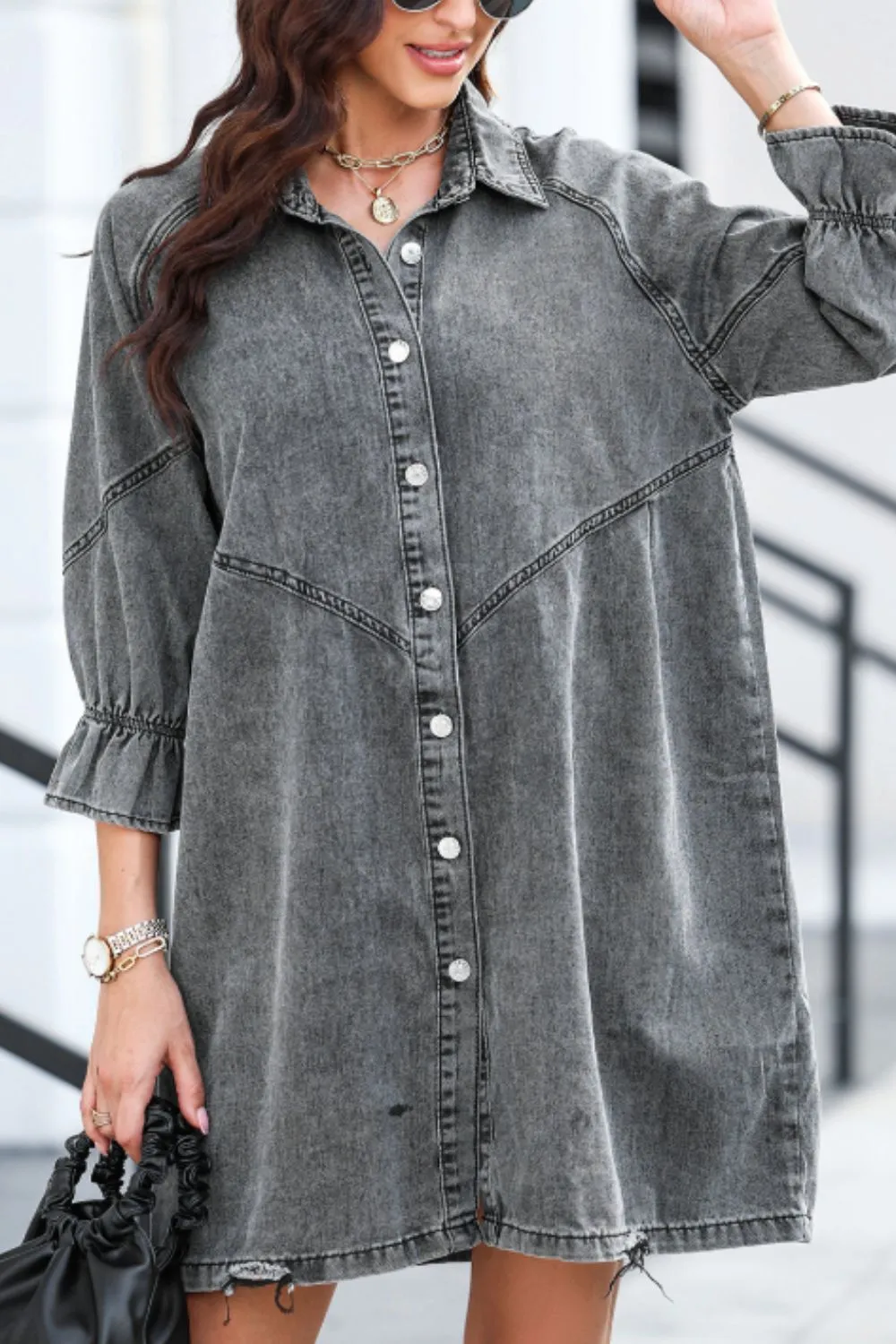 Distressed Collared Neck Flounce Sleeve Denim Dress, image 17