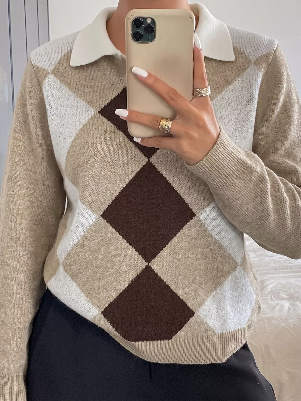 Argyle Patterned Polo Collar Sweater, image 4