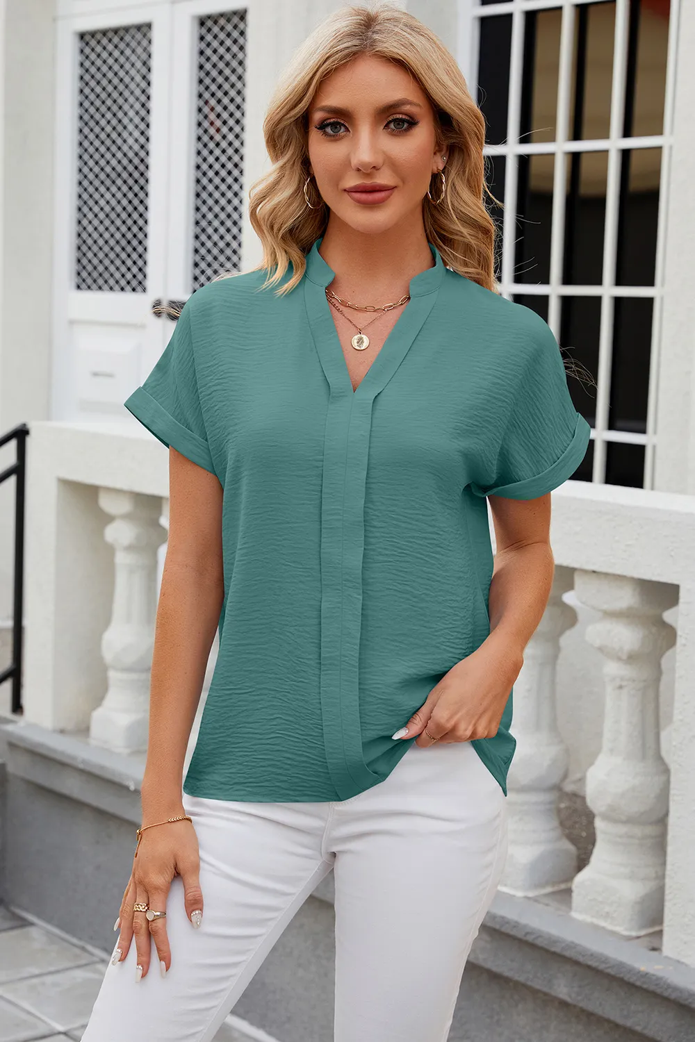 Notched Short Sleeve Blouse, image 13
