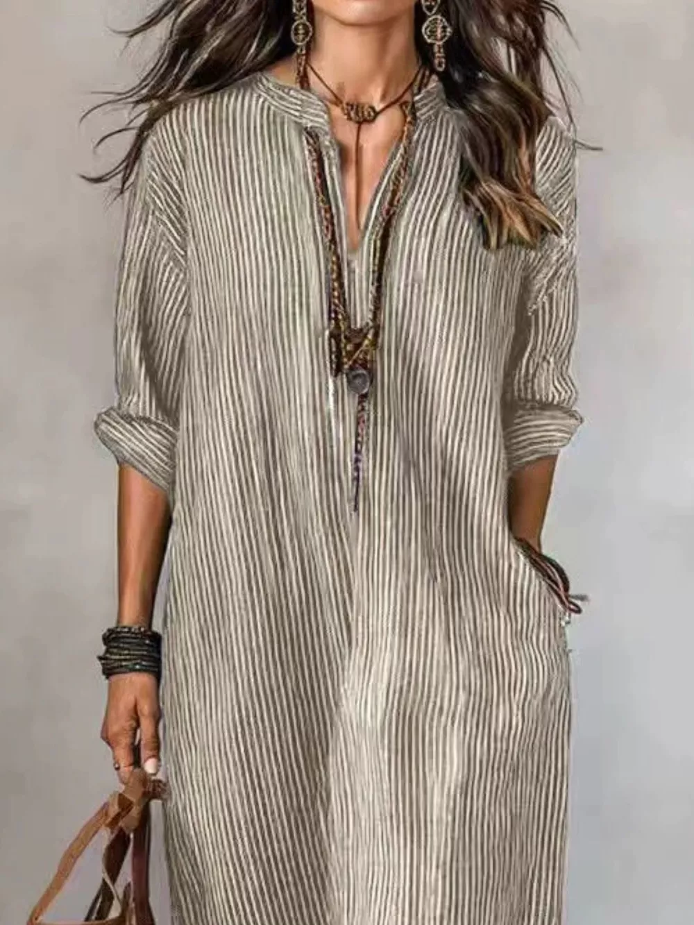 Full Size Striped Notched Maxi Dress with Pockets Plus Size, image 6