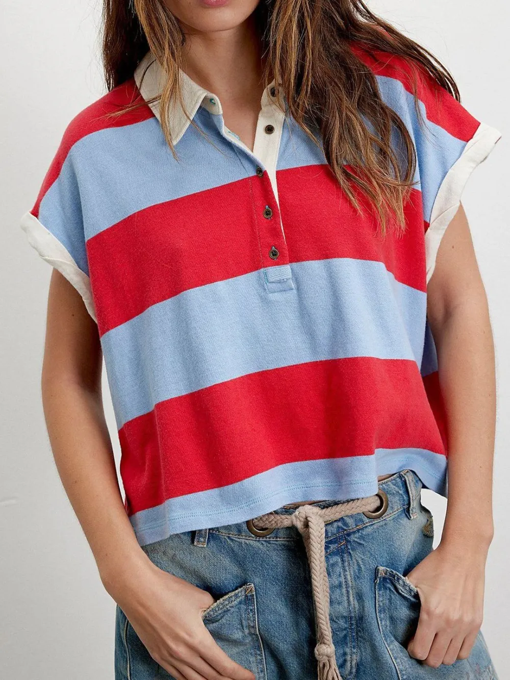 Striped Collared Neck Short Sleeve Top, image 11