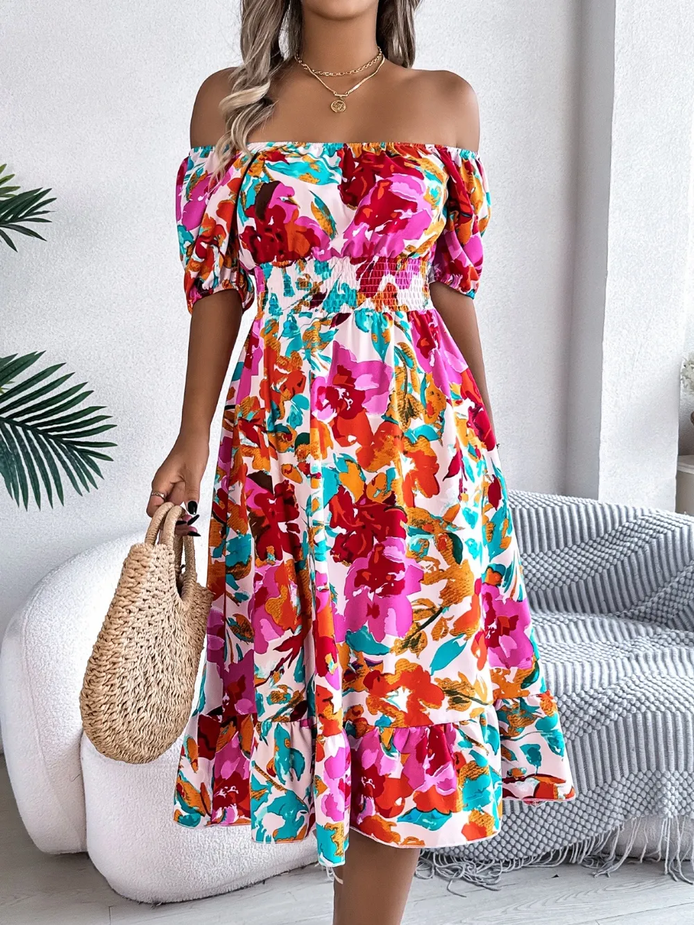 Ruffled Hem Smocked Floral Short Sleeve Midi Dress, image 13