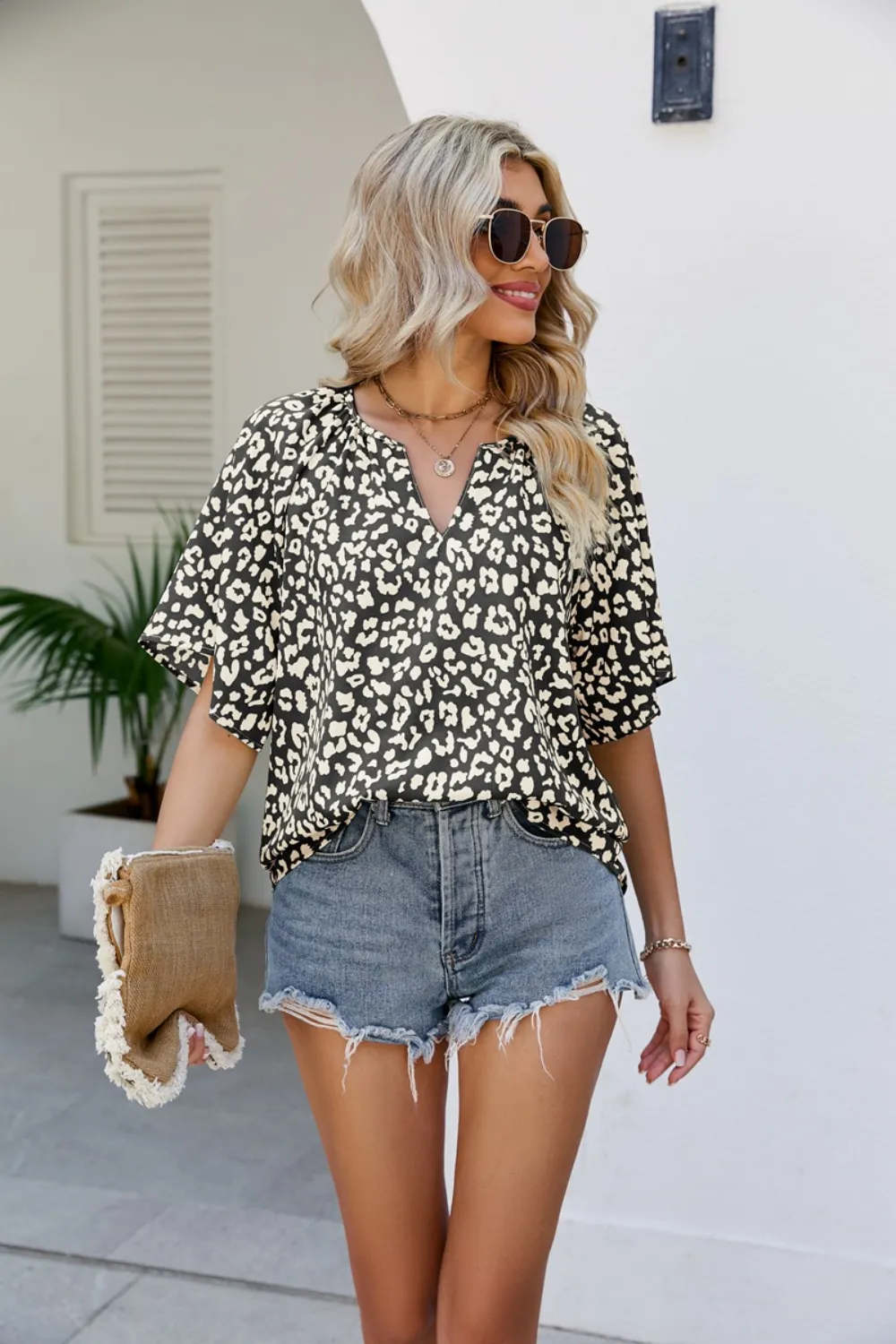 Leopard Notched Half Sleeve Blouse, image 8
