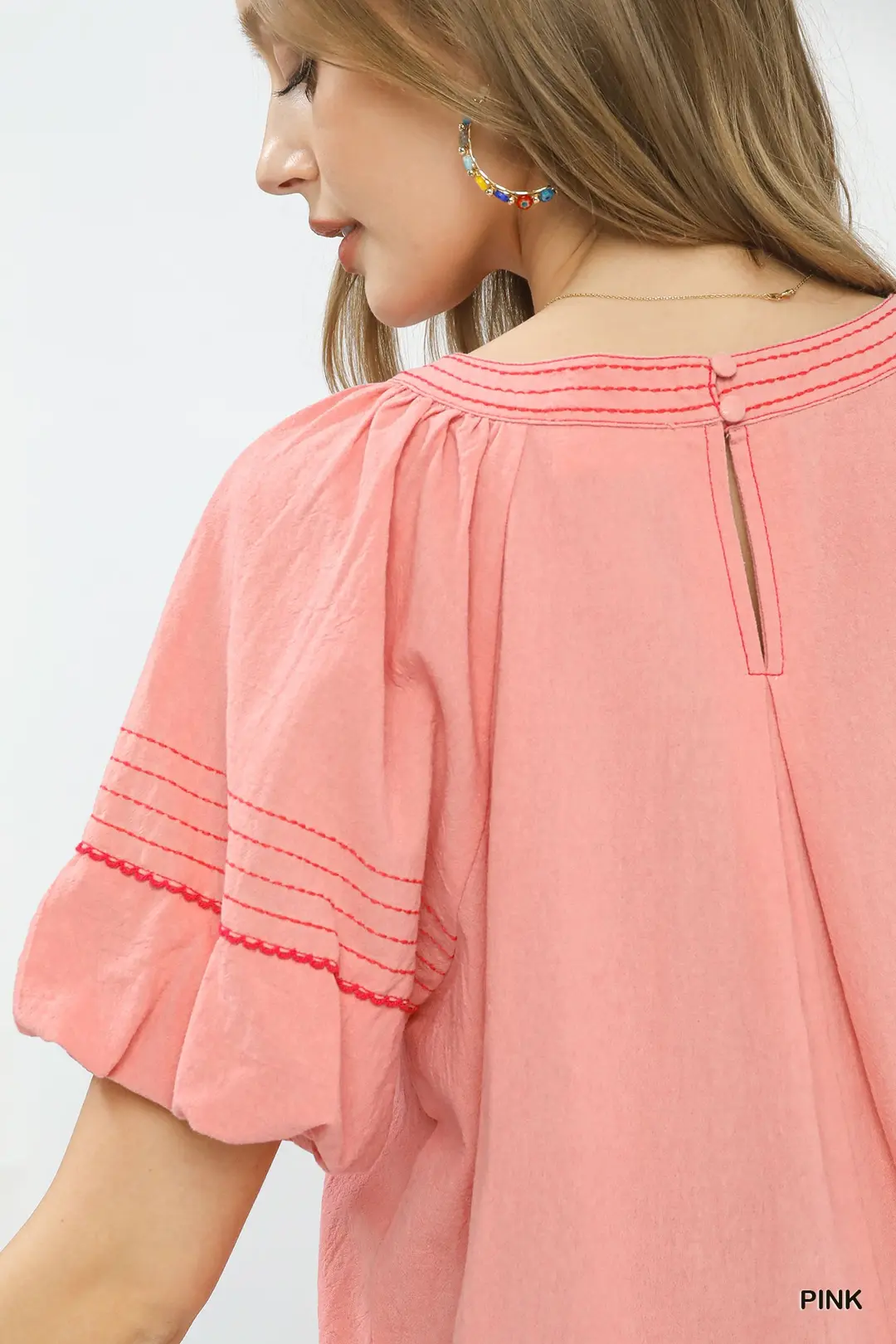 Round Neck Puff Sleeve Top with Contrast Stitch Detail, image 5